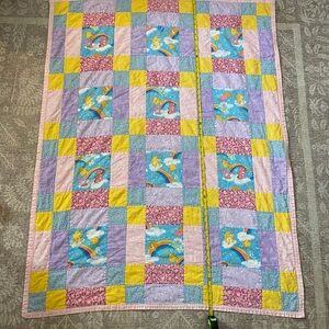 Vintage Handmade CAREBEARS Baby Toddler Quilt Pastel 80s 90s 41”x52”